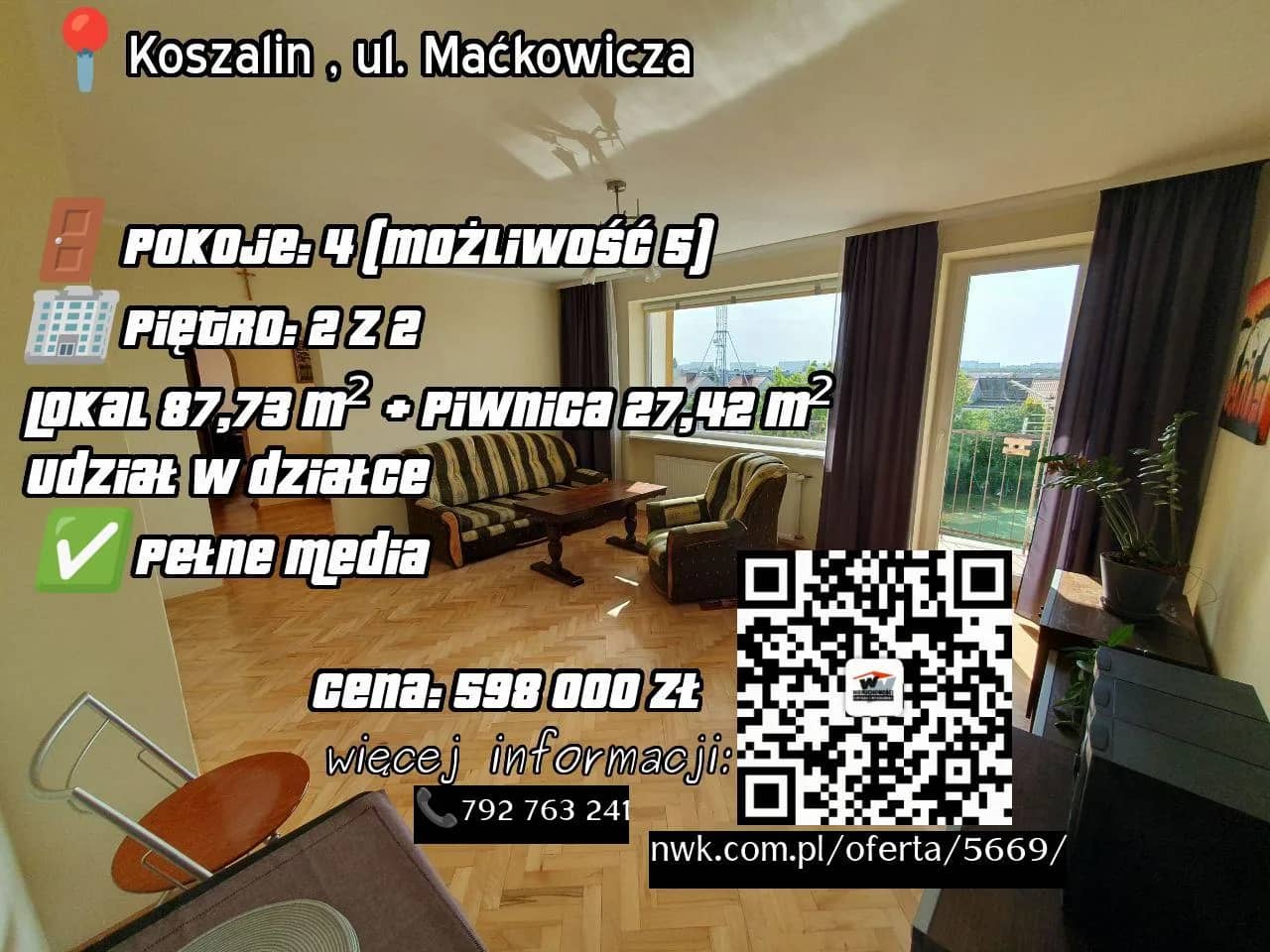 Dwustronne 4pokojowe mieszkanie w Koszalinie, ul. Maćkowicza
