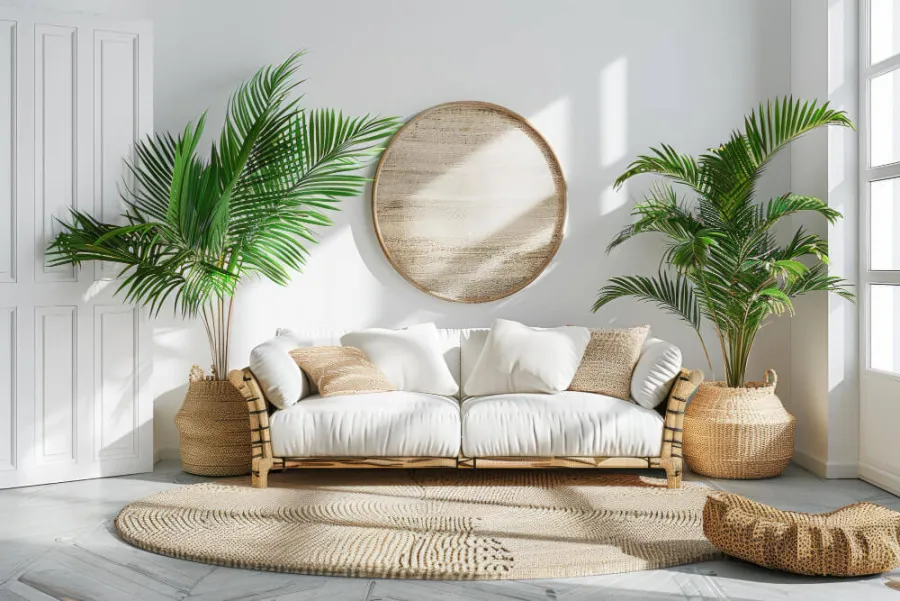 Salon w stylu skandynawskim — jasne drewno, białe ściany, rośliny doniczkowe i naturalne tkaniny