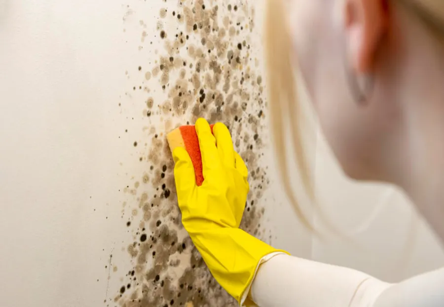 Usuwanie grzyba ze ściany — aplikacja preparatu grzybobójczego na zagrzybioną powierzchnię