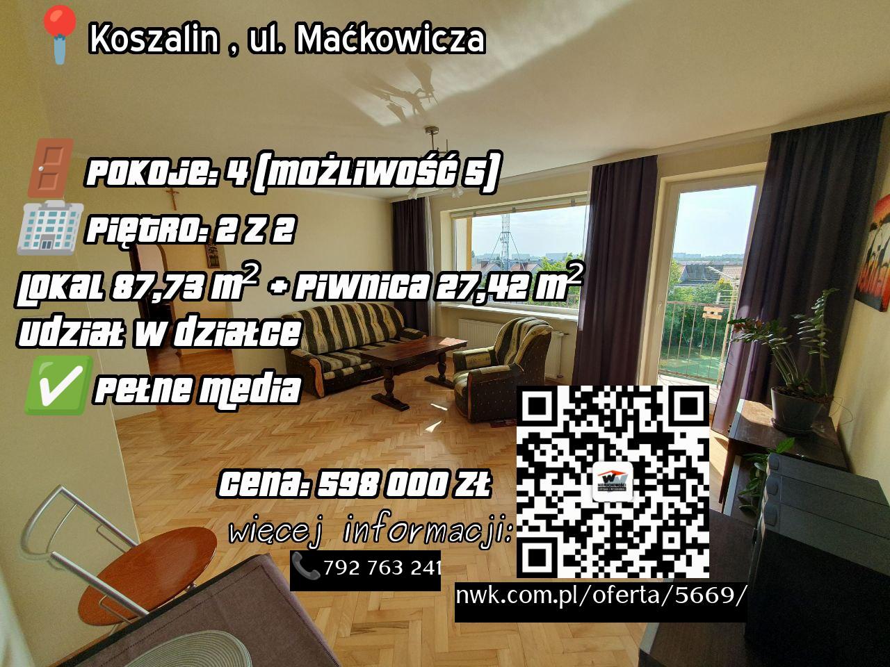 Dwustronne 4pokojowe mieszkanie w Koszalinie, ul. Maćkowicza