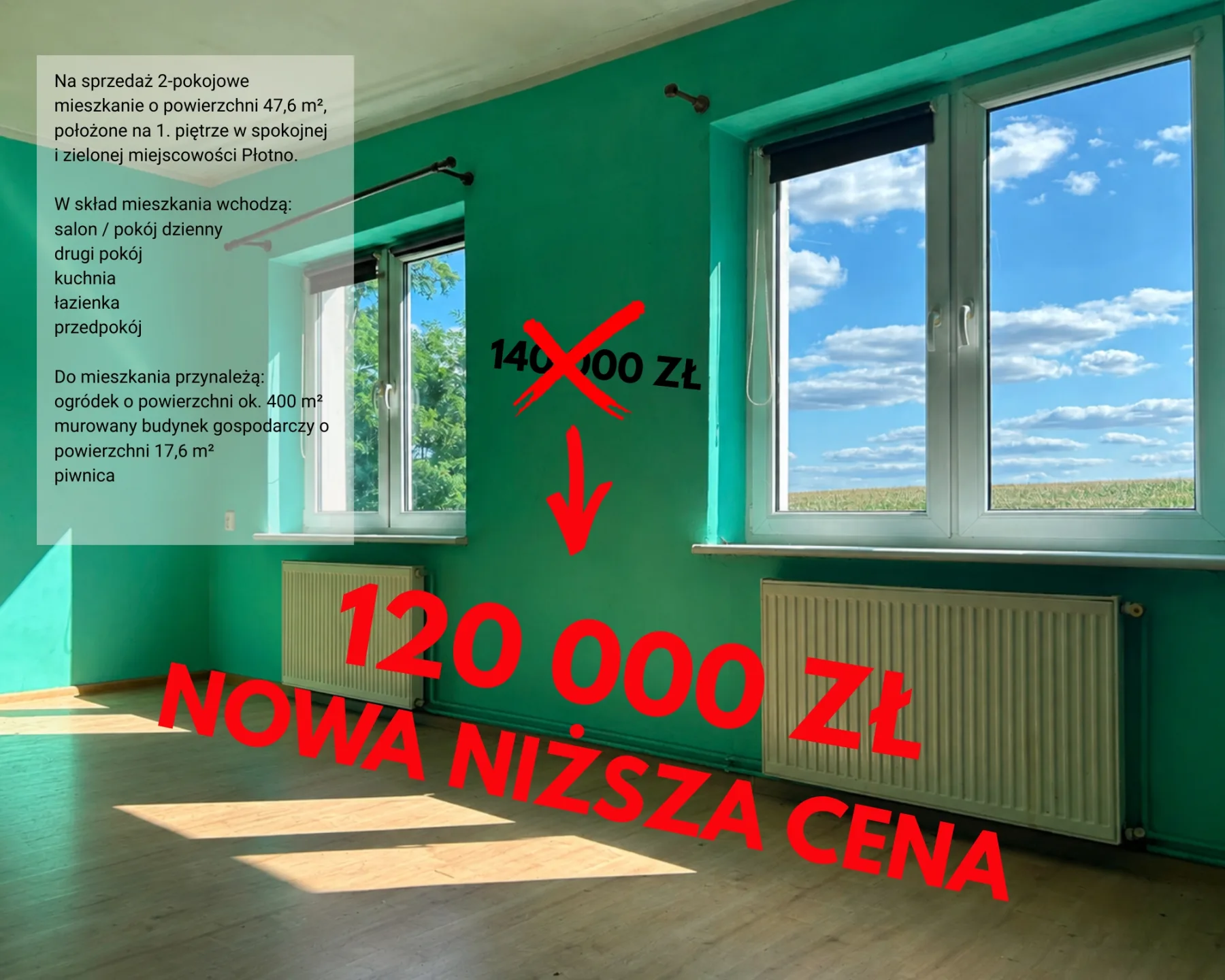 Mieszkanie na sprzedaż – 2 pokoje, piwnica, ogródek - Płotno